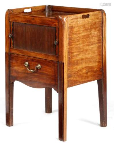 A George III mahogany tray-top bedside commode, with a tambour shutter, with a converted pull-out