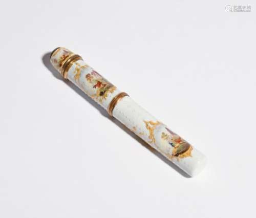 A Staffordshire needle case with thimble c.1770-80, the cylindrical form painted with panels of