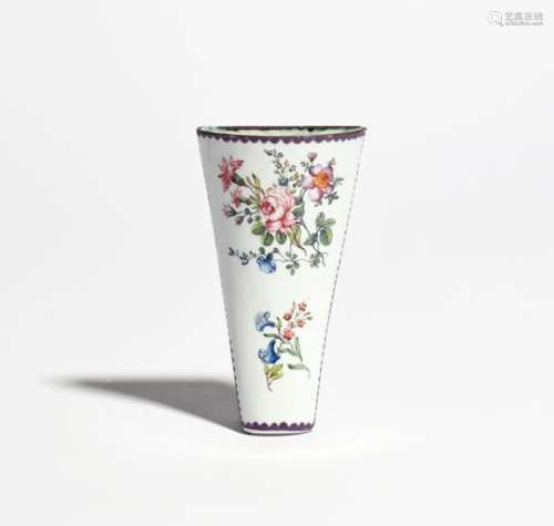 An English enamel posy holder c.1770-80, formed as a half cone painted with flowers including