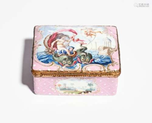 A South Staffordshire snuff box c.1760-65, finely decorated to the lid with Venus in a shell chariot