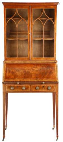 A George III and later mahogany cylinder bureau bookcase, inlaid with stringing and satinwood