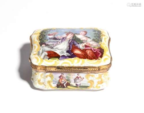 A Staffordshire enamel snuff box c.1760-65, of unusual serpentine form, decorated to the lid with