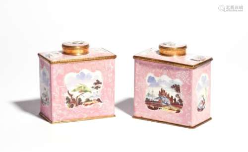 A pair of Bilston enamel tea canisters and covers c.1770, the rectangular forms painted with