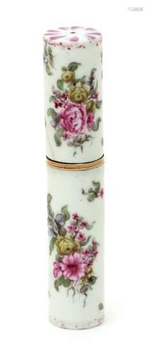 A Mennecy etui mid 18th century, the cylindrical form painted with posies of flowers including
