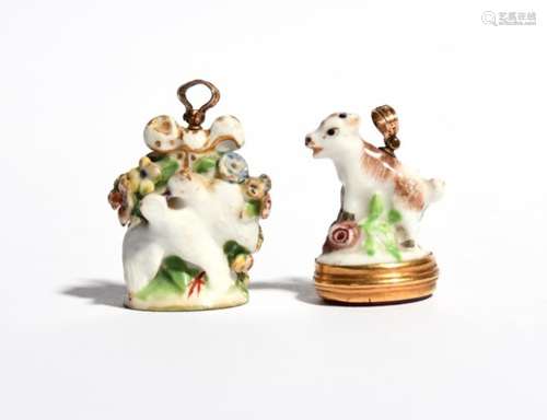 Two Chelsea porcelain seals c.1755-60, one modelled as a goat with its front hooves on a tree stump,