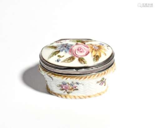 A Mennecy silver-mounted snuff box c.1750, the sides moulded with basket weave and painted with