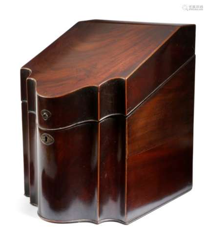 A late George III mahogany knife box, inlaid with ebonised and boxwood stringing, the hinged sloping