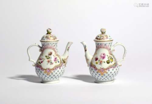 A pair of Meissen miniature coffee pots and covers mid 18th century, moulded with rococo panels on a