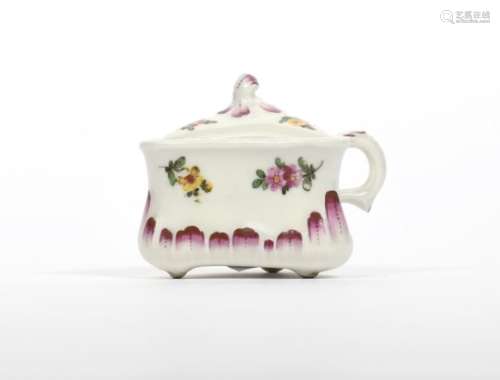 A Vienna triangular custard cup and cover c.1770, painted with small floral sprays above a purple