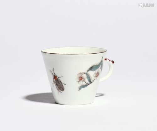 A Meissen flared cup mid 18th century, finely painted with Holzschnittblumen and insects with