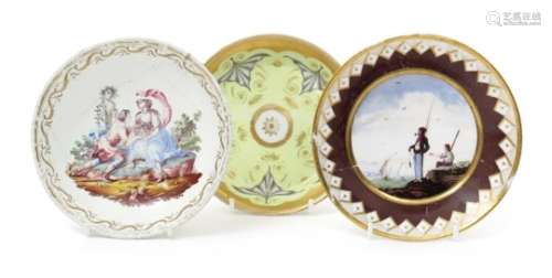 A Continental enamel saucer dated 1790, painted with a shepherdess being presented with a bird in