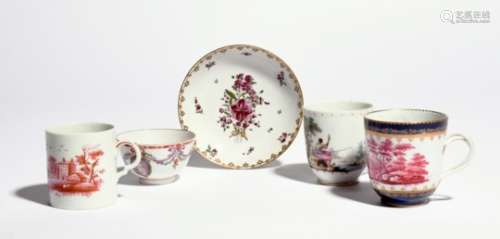 Two Doccia coffee cups and a can c.1770-90, one cup painted in puce monochrome with a landscape
