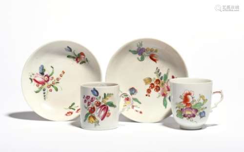 A Doccia coffee cup and two saucers c.1770, and a Doccia coffee can or small mug, all painted in