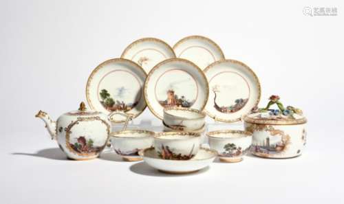A Meissen composite part tea service c.1740, painted with scenes of figures in harbours and rural