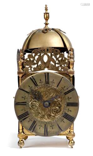 A brass lantern clock, the eight day brass twin fusee movement with an anchor escapement and