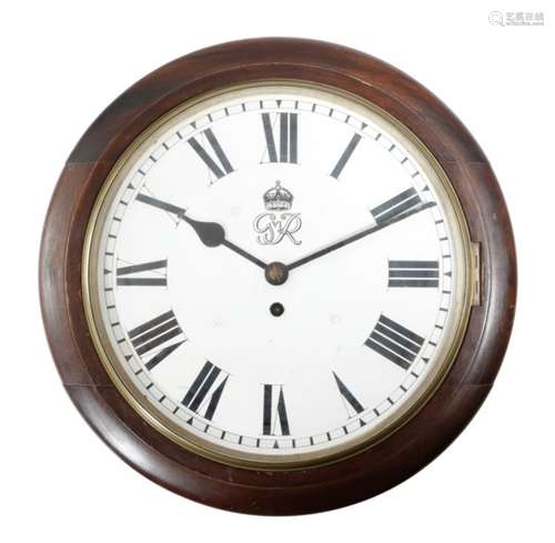 A George VI post office wall clock, with an eight day brass single fusee movement, with an eleven