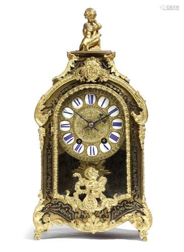 A late 19th century French boulle marquetry mantel clock in Louis XIV style, the eight day brass