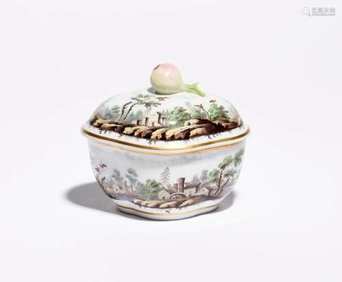 A Doccia sugar bowl and cover c.1770-90, the quatrefoil form painted with a continuous landscape