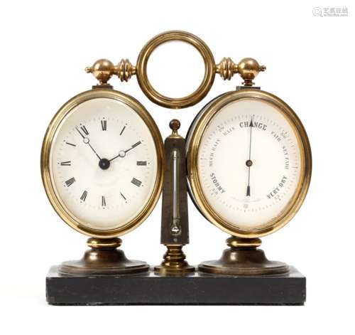 A Victorian gilt and patinated brass desk combination clock and barometer, the brass movement with a