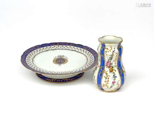 A Paris porcelain small vase and a tazza c.1840, by Boyer Sr de Feuillet, the gourd shape vase