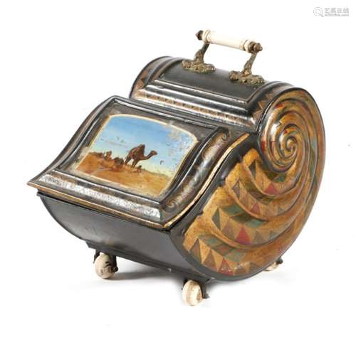 A Victorian japanned tτle purdonium, of shell shape and with painted decoration, the hinged lid