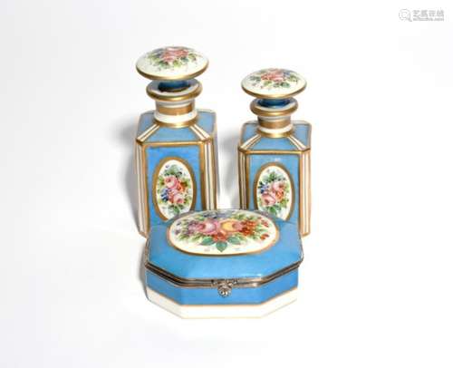 A Sèvres-style dressing table suite 19th century, comprising two scent bottles and stoppers, and a