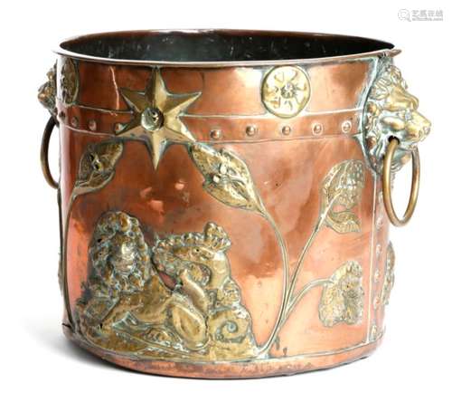 A late 19th century copper logbin, the riveted body with applied embossed brass decoration of a lion