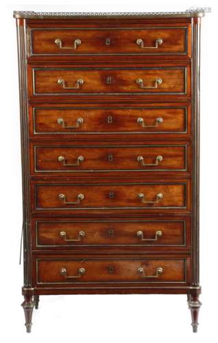 A French Directoire mahogany and brass mounted semainier chest, inlaid with ebony banding, the white