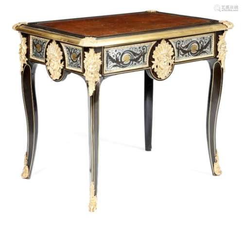A Napoleon III ebony and ormolu mounted bureau plat in Louis XIV style, the top inset with a