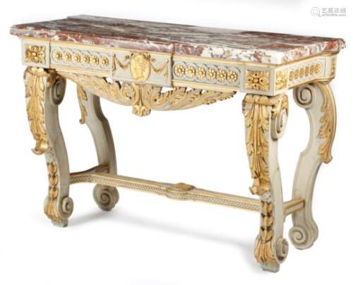 An 18th century style painted wood and parcel gilt side table, the breakfront red marble top with