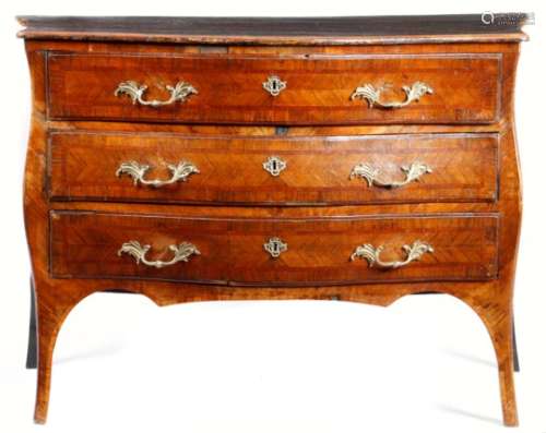 An 18th century continental walnut serpentine commode, the later top above three crossbanded long