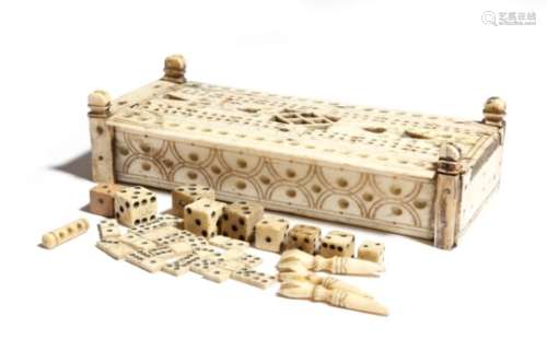 An early 19th century French Napoleonic bone prisoner of war games box, with traces of polychrome