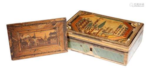 λ A Napoleonic prisoner of war straw-work jewellery / sewing box, the hinged lid inlaid with a