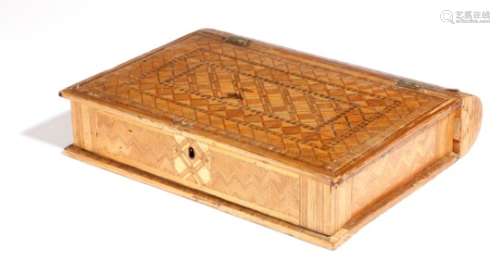 A Napoleonic prisoner of war straw-work vanity box in the form of a book, with parquetry decoration,