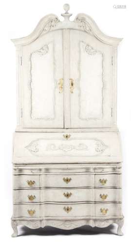 An 18th century and later Danish painted oak Rococo bureau bookcase, the swan neck cornice above a