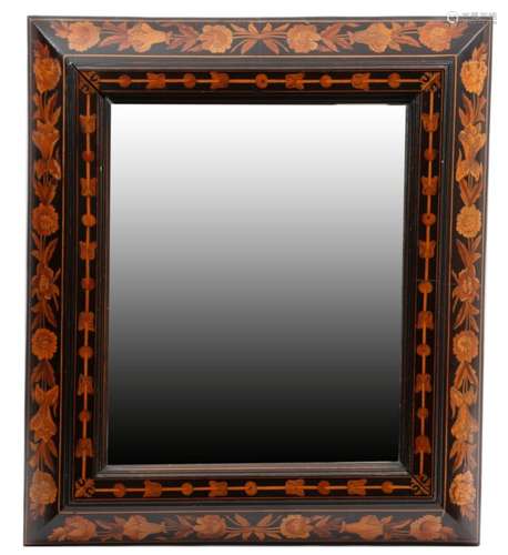 A Dutch ebonised and floral marquetry wall mirror in late 17th century style, the rectangular