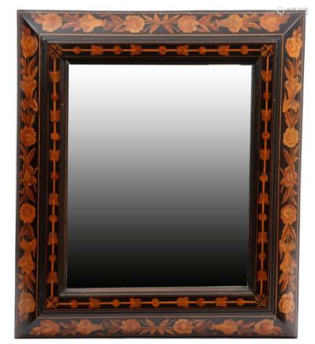 A Dutch ebonised and floral marquetry wall mirror in late 17th century style, the rectangular