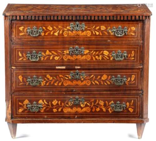 A Dutch mahogany and marquetry chest, inlaid with urns, scrolling leaves and flowers, the dentil
