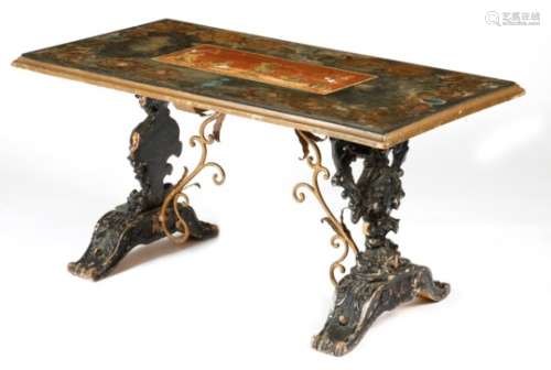 An Italian scagliola coffee table, the rectangular top decorated with a central scene of a