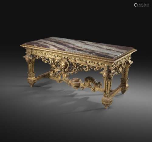 An Italian giltwood centre table in Louis XIV style, the inset marble top with a moulded edge