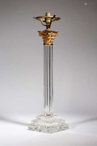 A late 19th century cut-glass and gilt brass Corinthian column table lamp, with a faceted stem and a
