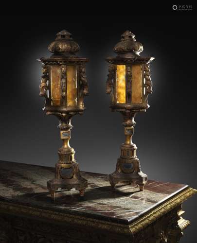 A pair of Italian Venetian giltwood lanterns, with ebonised decoration, each with a shell carved