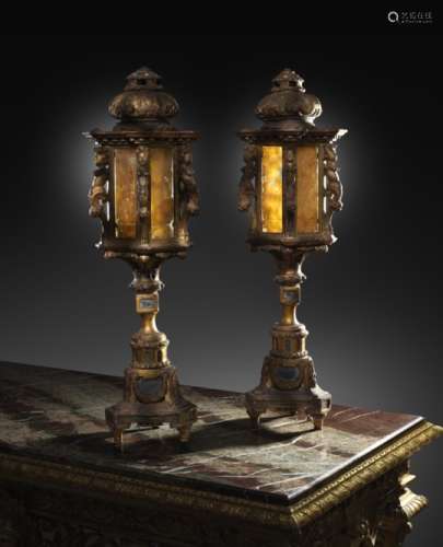 A pair of Italian Venetian giltwood lanterns, with ebonised decoration, each with a shell carved