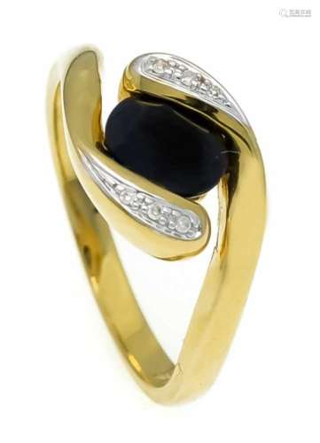 Saphir-Brillant-Ring GG 585/000 mit einem oval fac. Saphir 9 x 5 mm und 6 Brillanten, zus.0,03 ct