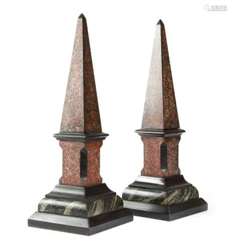 A pair of late 19th century simulated porphyry and marble obelisks, with stepped bases and slate