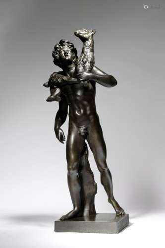 A 19th century Italian bronze group of a faun, carrying a goat on his shoulders, 69.8cm high.