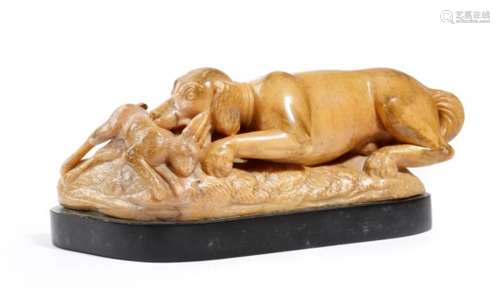 An early 19th century Italian giallo antico marble Grand Tour animalier group, with a hound dog with