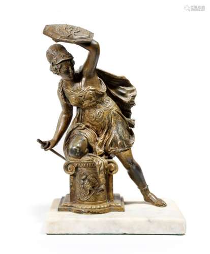 A late 19th century French gilt bronze figure of Minerva, the goddess of war kneeling on a