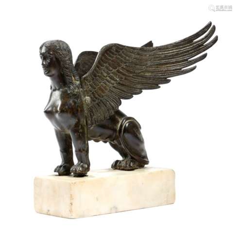 An Italian bronze Grand Tour figure of a sphinx, in Roman style, on an alabaster plinth, late 18th /