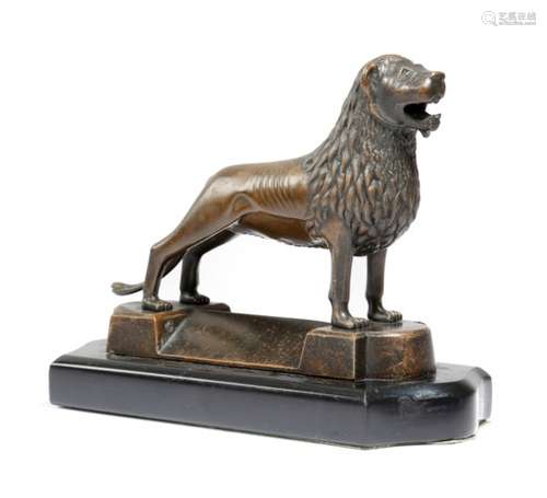 A German bronze model of the medieval Brunswick lion, mounted on a black marble plinth, early 20th